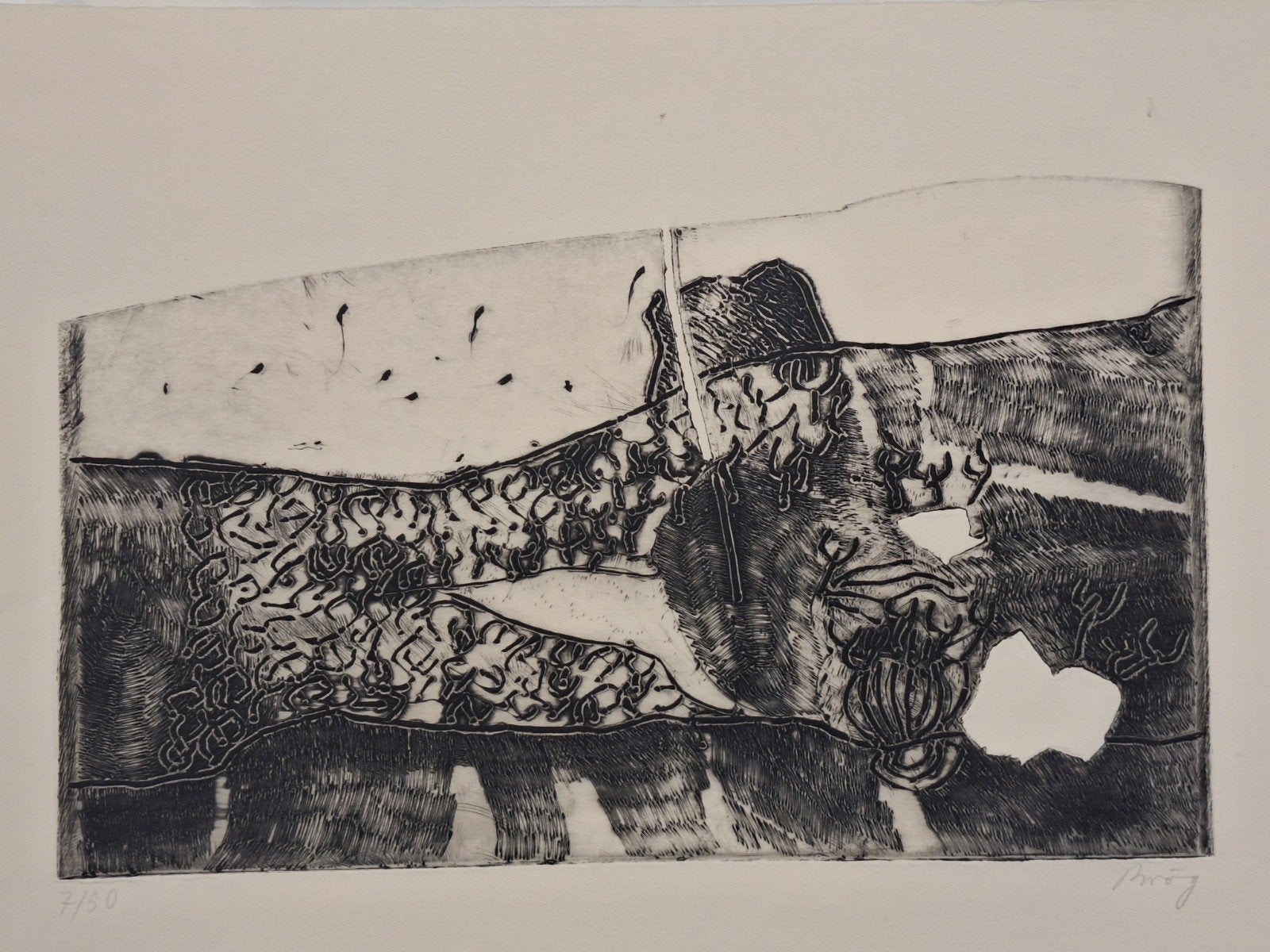 Abstracte gesigneerde ets, Ophalen of Verzenden, Ets, Gesigneerd, 1950 - 1999
