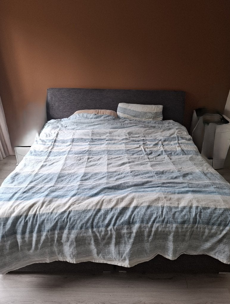 Boxspring, Huis en Inrichting, Slaapkamer | Boxsprings, Gebruikt, 180 cm, 200 cm, Tweepersoons, Grijs, Ophalen