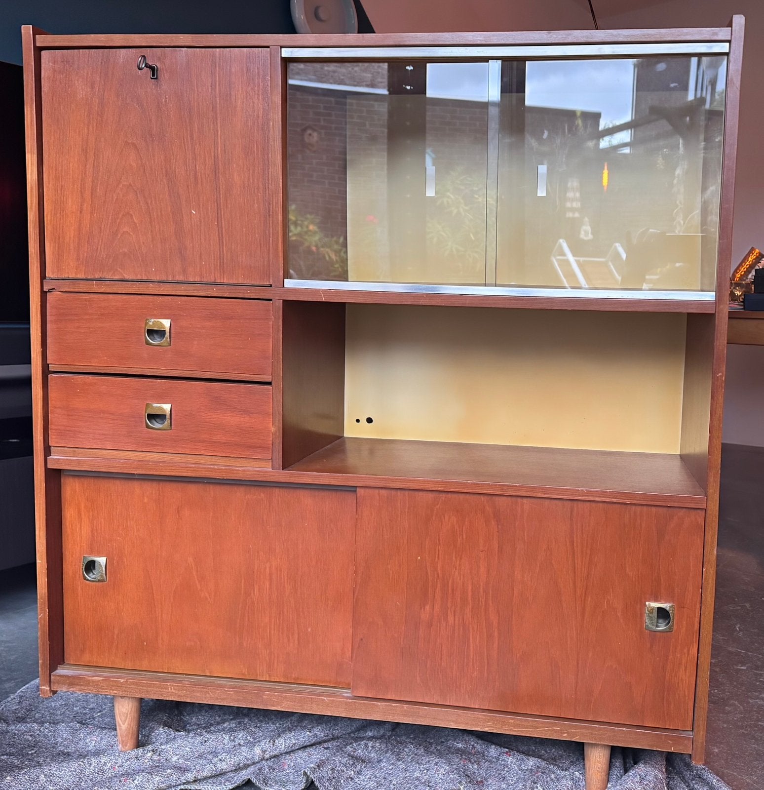 Prachtig Mid-century teak highboard/ jaren 60 wandmeubel, Ophalen, Gebruikt, 100 tot 150 cm, Teakhout