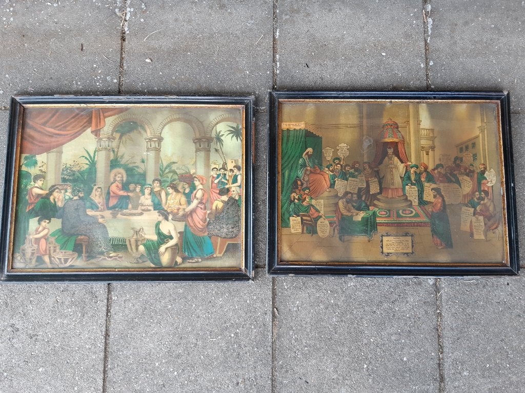 2 oude antieke religieuze prenten Christus en Caïphas, Ophalen of Verzenden