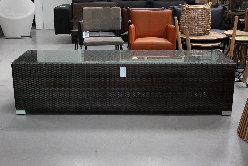 1 x lange salontafel tuintafel sidetable wicker glasplaat, Tuin en Terras, Ophalen, Zo goed als nieuw