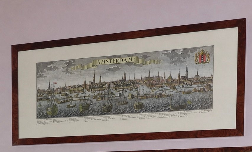 Mooie grote handgekleurde prent van Amsterdam vanaf het IJ, Ophalen