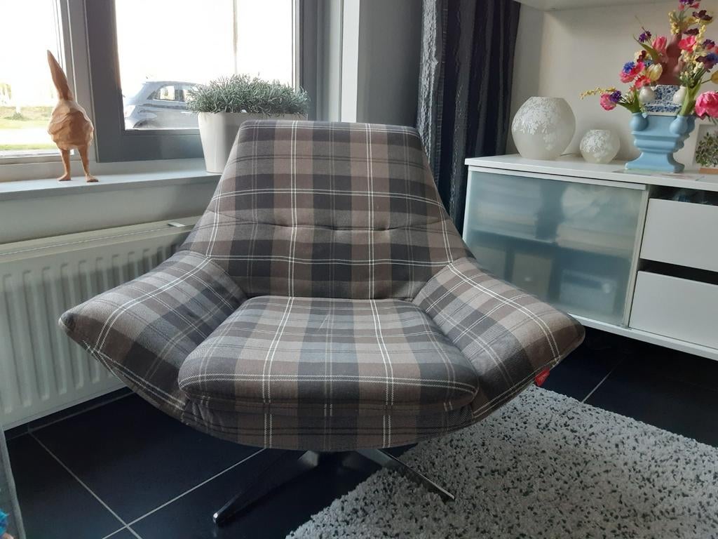Unieke Esprit Draaifauteuil - Geblokte Stof & Aluminium, Ophalen, Gebruikt, 75 tot 100 cm, Vintage, Retro