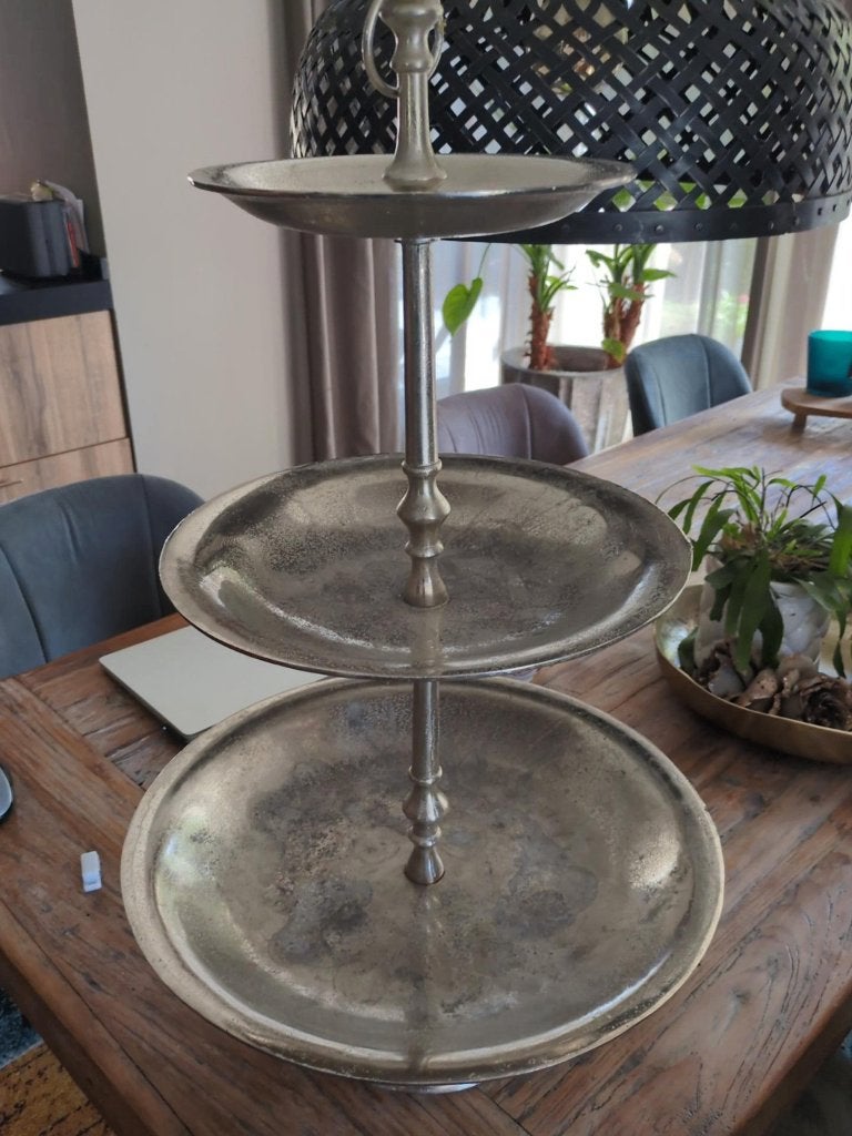 Grote ruw nikkel vintage/brocante 3-laags etagère, Ophalen, Gebruikt, Etagère, Metaal