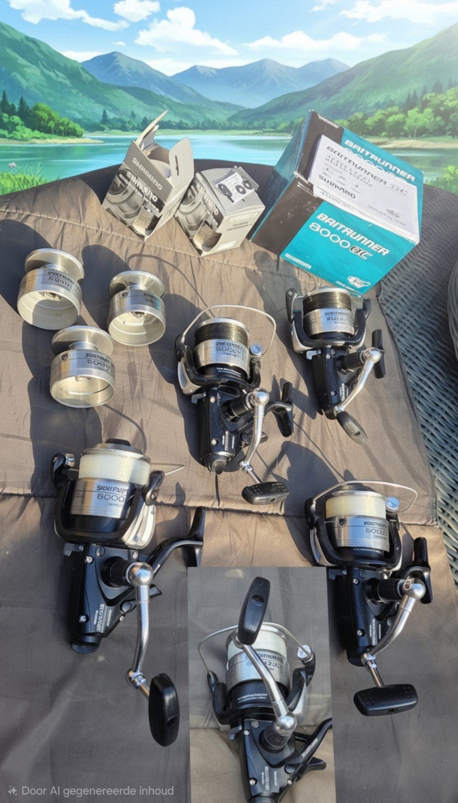 5 stuks Shimano Baitrunner 8000 OC met 5 spoelen  Molenset -, Ophalen of Verzenden, Zo goed als nieuw, Molen