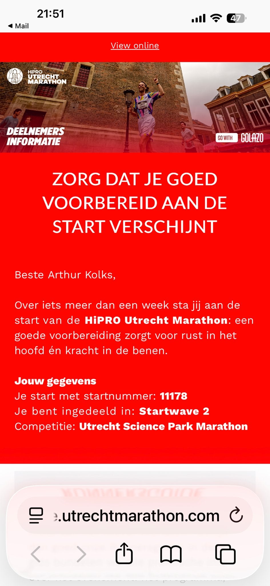 Startbewijs hele marathon Utrecht wave 2, Eén persoon, Mei