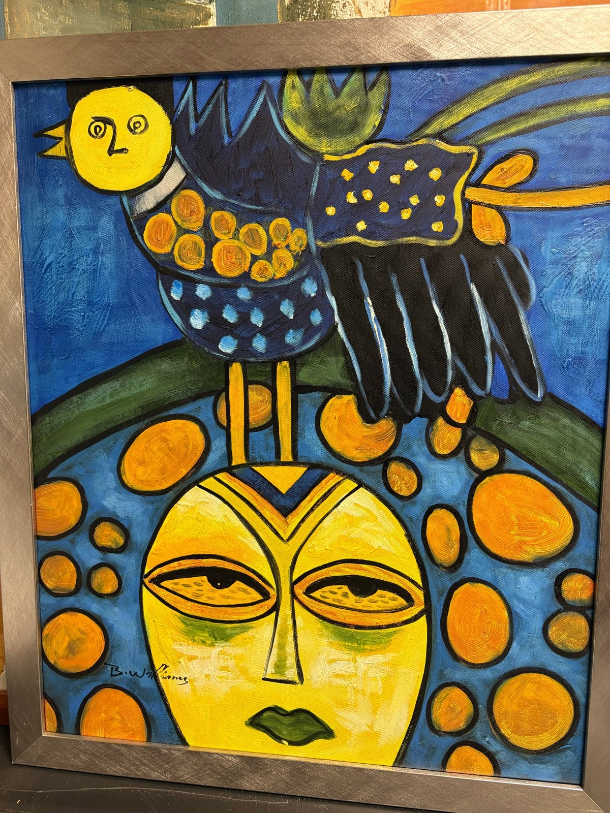 Modern schilderij B. Williams - Vogel en gezicht, Antiek en Kunst, Abstract, Ophalen of Verzenden, Overige materialen, Gesigneerd