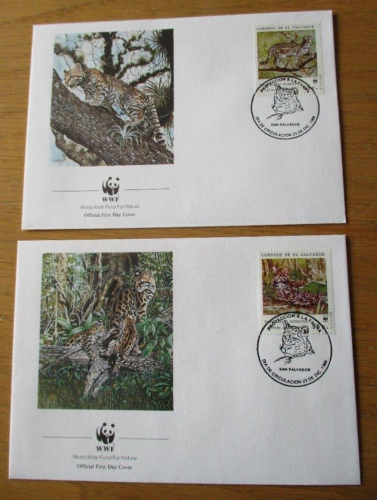 El Salvador, WWF serie FDC's met Ocelot en Margay, 1988, Verzenden, Gestempeld, Dier of Natuur