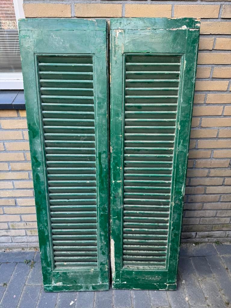 Brocante houten luiken / shutters – 141cm – groene patina, Ophalen, Zo goed als nieuw