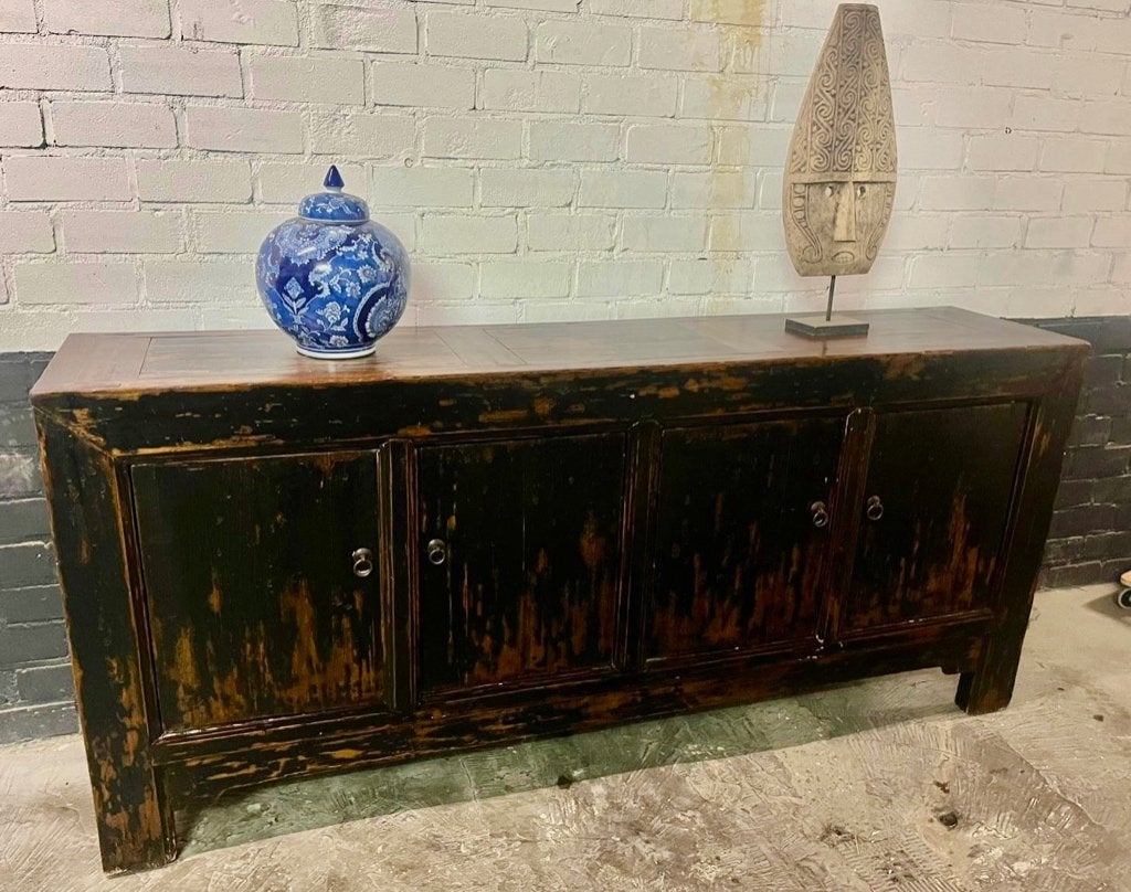 Chinees elmwood dressoir Chinese kast massief bruin zwart, Verburgt Vintage, Met deur(en), Chinees oosters aziatisch Chinese China asiatique