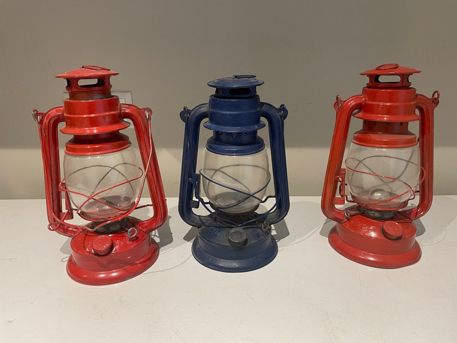 Set van 3 vintage olielampen: 2 rood, 1 blauw, Ophalen of Verzenden