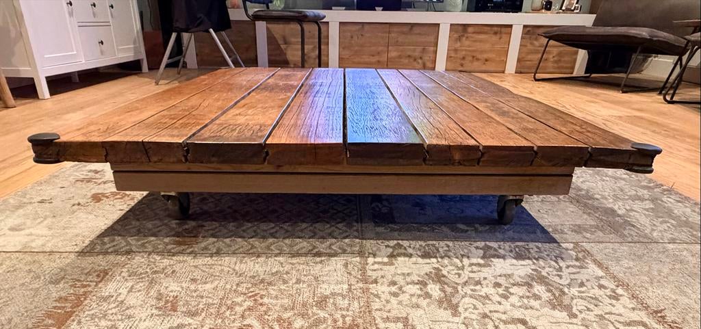 Unieke salontafel van eiken steenschotten 108x133 cm, Ophalen, Gebruikt, Eikenhout, Minder dan 50 cm
