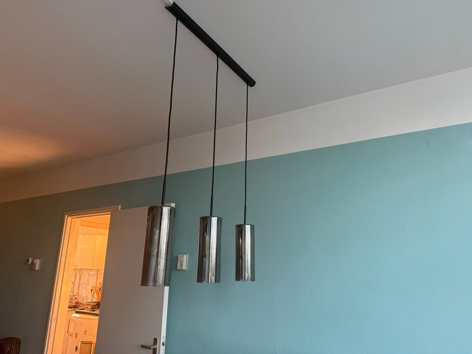 Moderne hanglamp met 3 glazen cilinders, Ophalen, Zo goed als nieuw, Glas, Overige fittingen