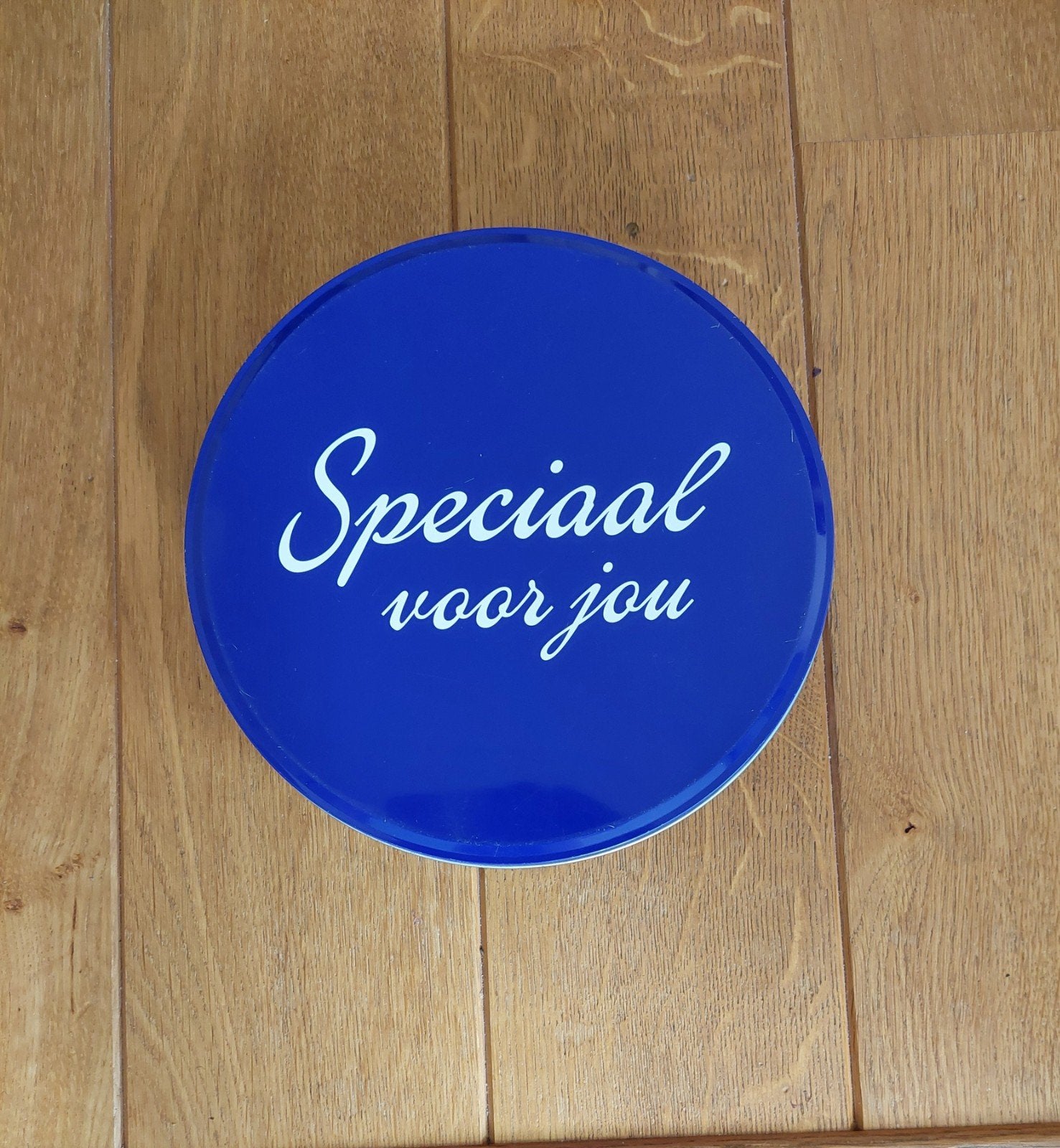 Mooi blauw blik met opdruk: "Speciaal voor jou", Verzamelen, Blikken, Ophalen of Verzenden, Gebruikt, Overige, Overige merken