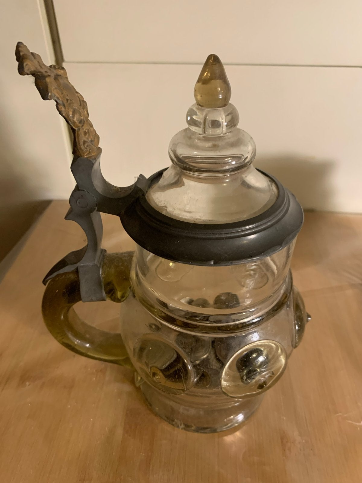 Antieke glazen bierpul met tinnen deksel, Antiek en Kunst, Ophalen