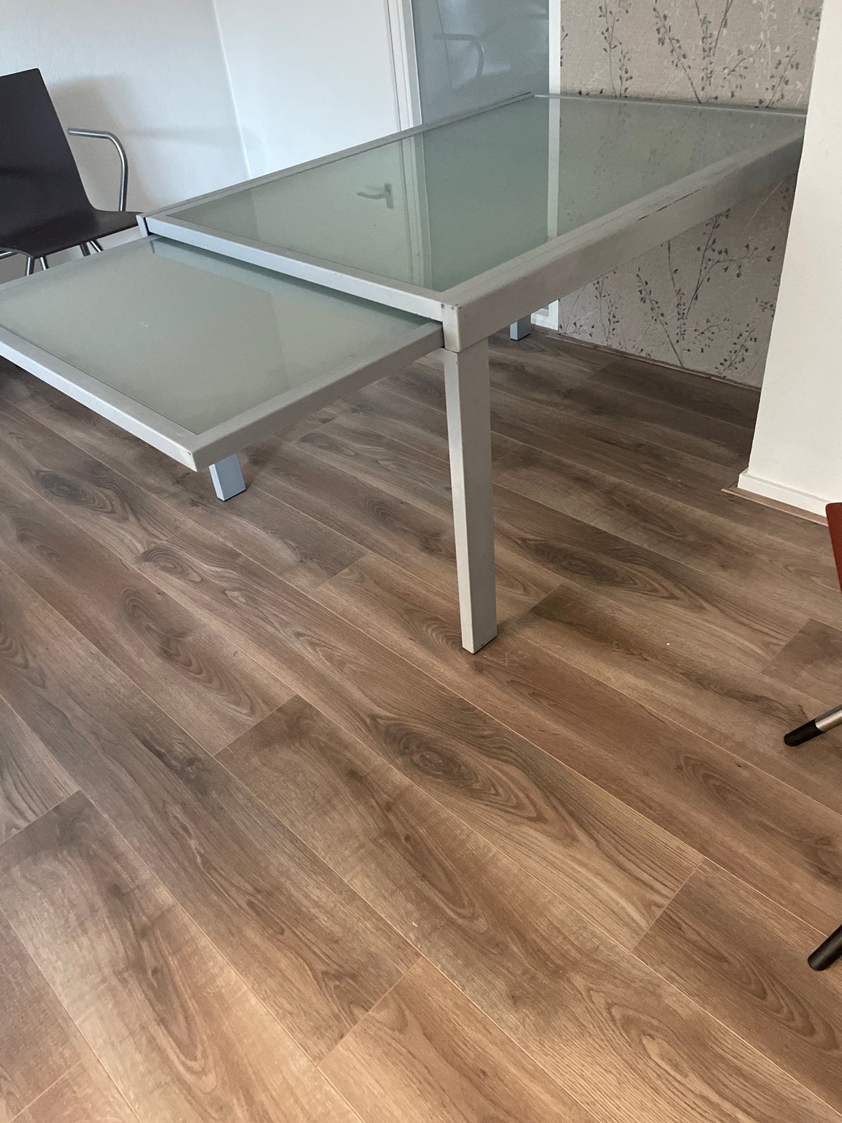 Uitschuifbare eettafel met glazen blad, Ophalen, Gebruikt, 100 tot 150 cm, 50 tot 100 cm