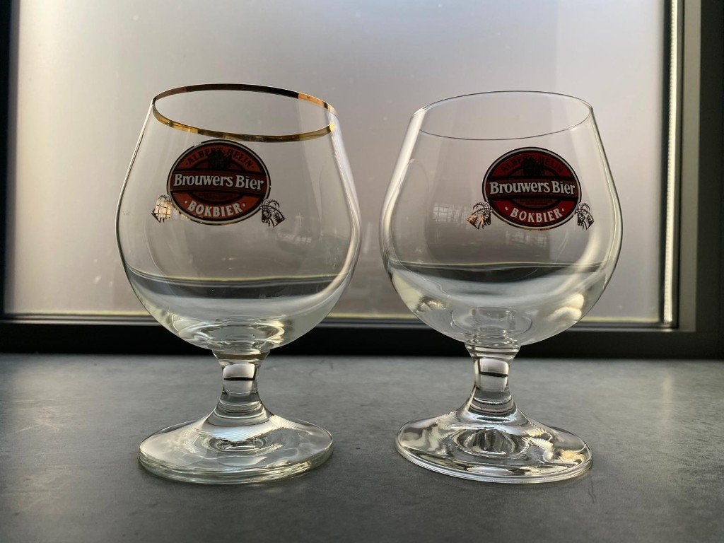 2 oude Brouwers bokbier bokalen, Ophalen of Verzenden, Gebruikt, Glas of Glazen, Overige merken