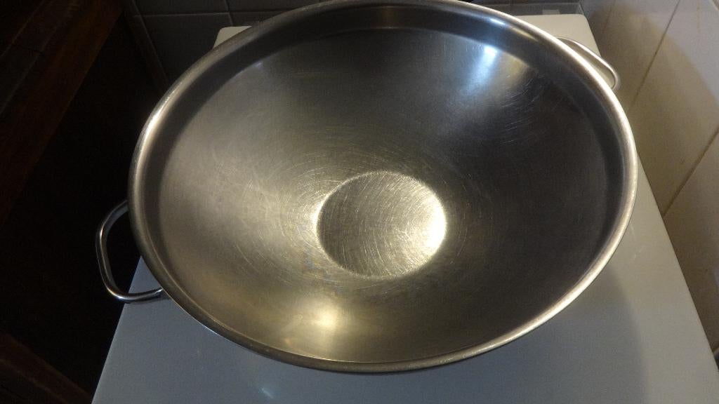 38 cm // Extra grote Demeyere Apollo 7 wok met handgrepen, Gebruikt, Inductieplaat, Ophalen of Verzenden, Rvs
