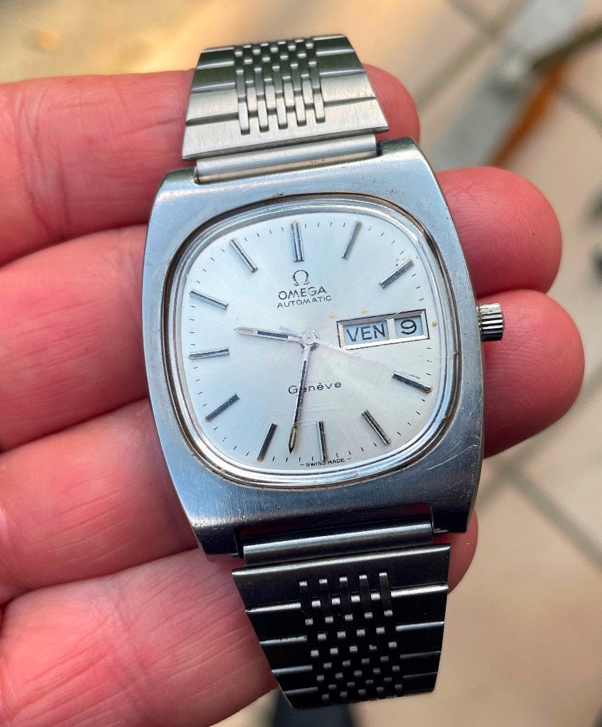 OMEGA automatisch GENEVE horloge met dagen en datum,, Ophalen, Staal, Met bandje, Polshorloge