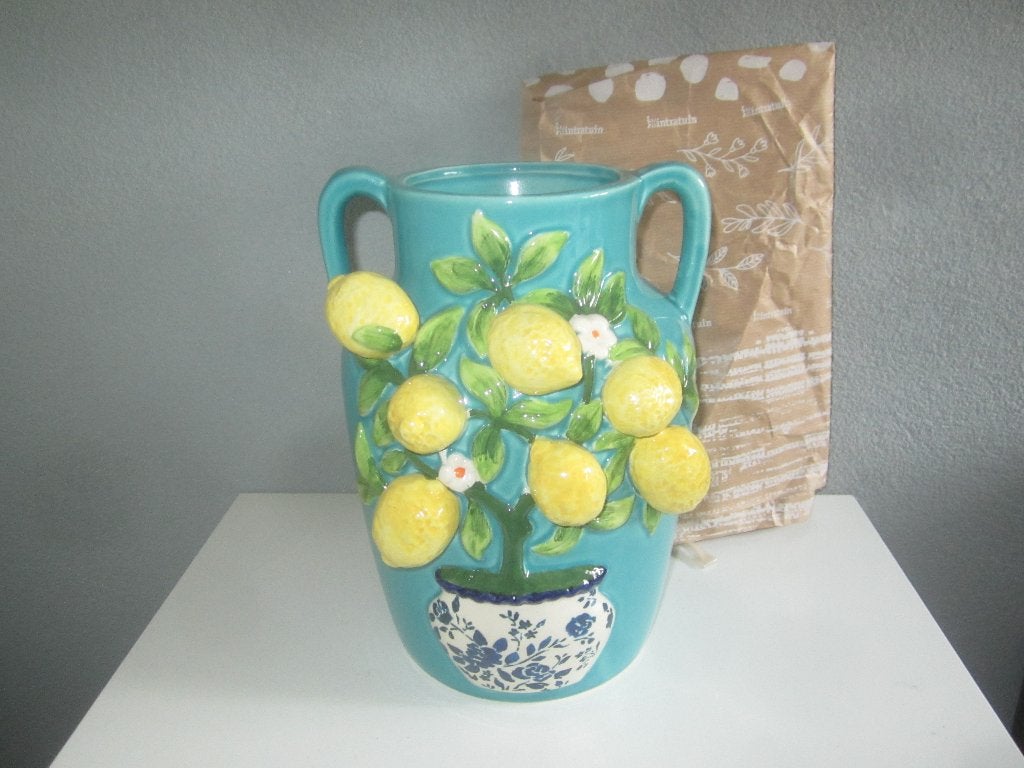 Intratuin vaas Disa blauw / geel D 20 H 26 cm, 26 cm, Blauw, Met patroon/structuur, Nieuw