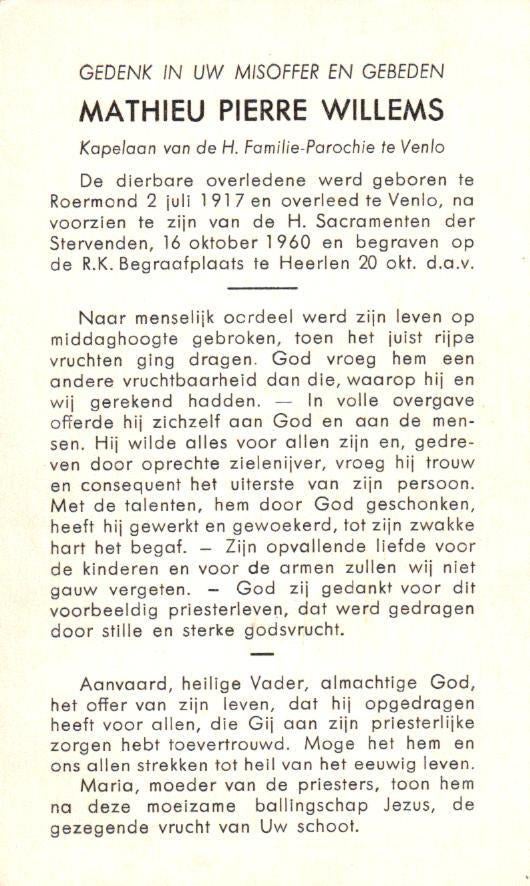 Willems Mathieu Pierre Roermond 1917-1960 Heerlen, Ophalen of Verzenden