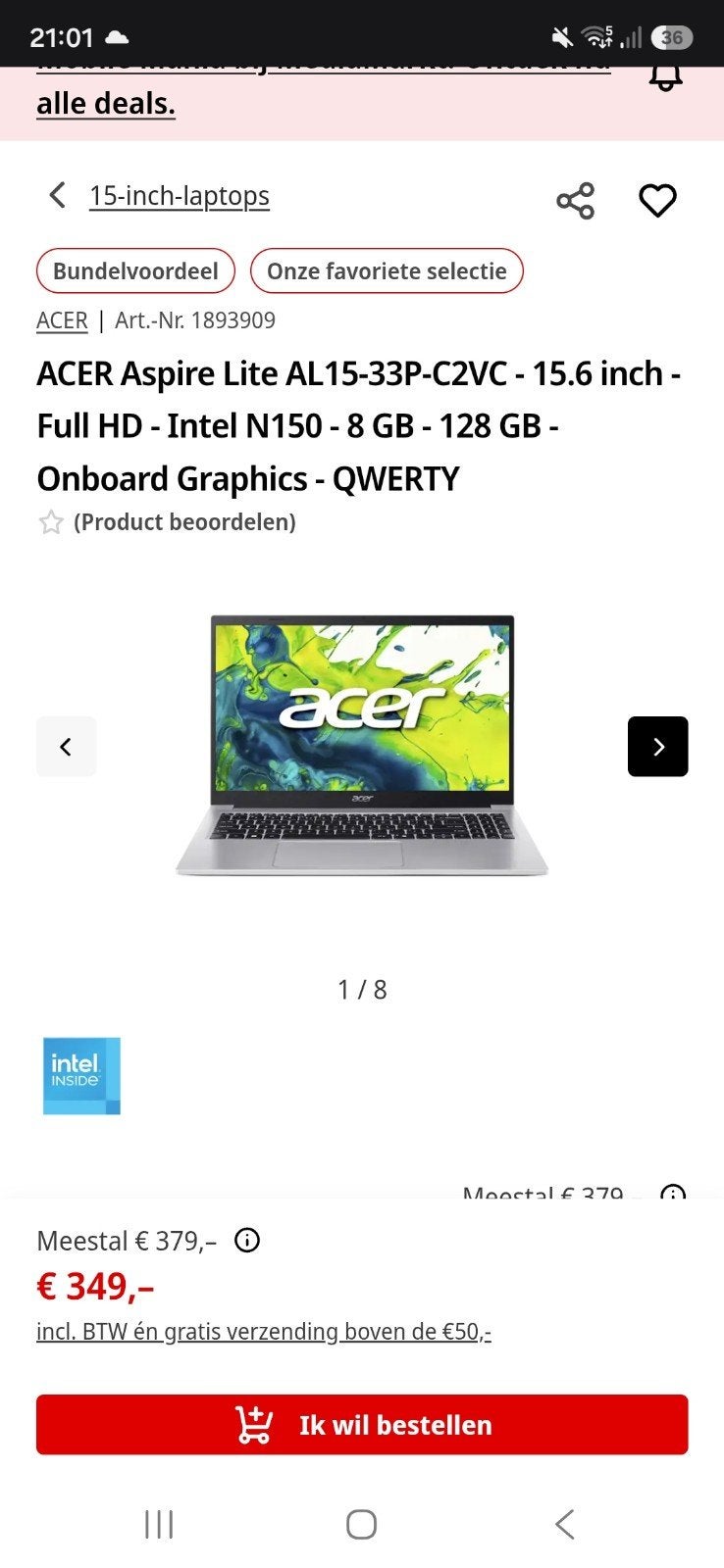 Acer Aspire Lite AL15-33P-C2VC - 1 jaar oud, Gebruikt, 8 GB, Ophalen of Verzenden, Intel N150
