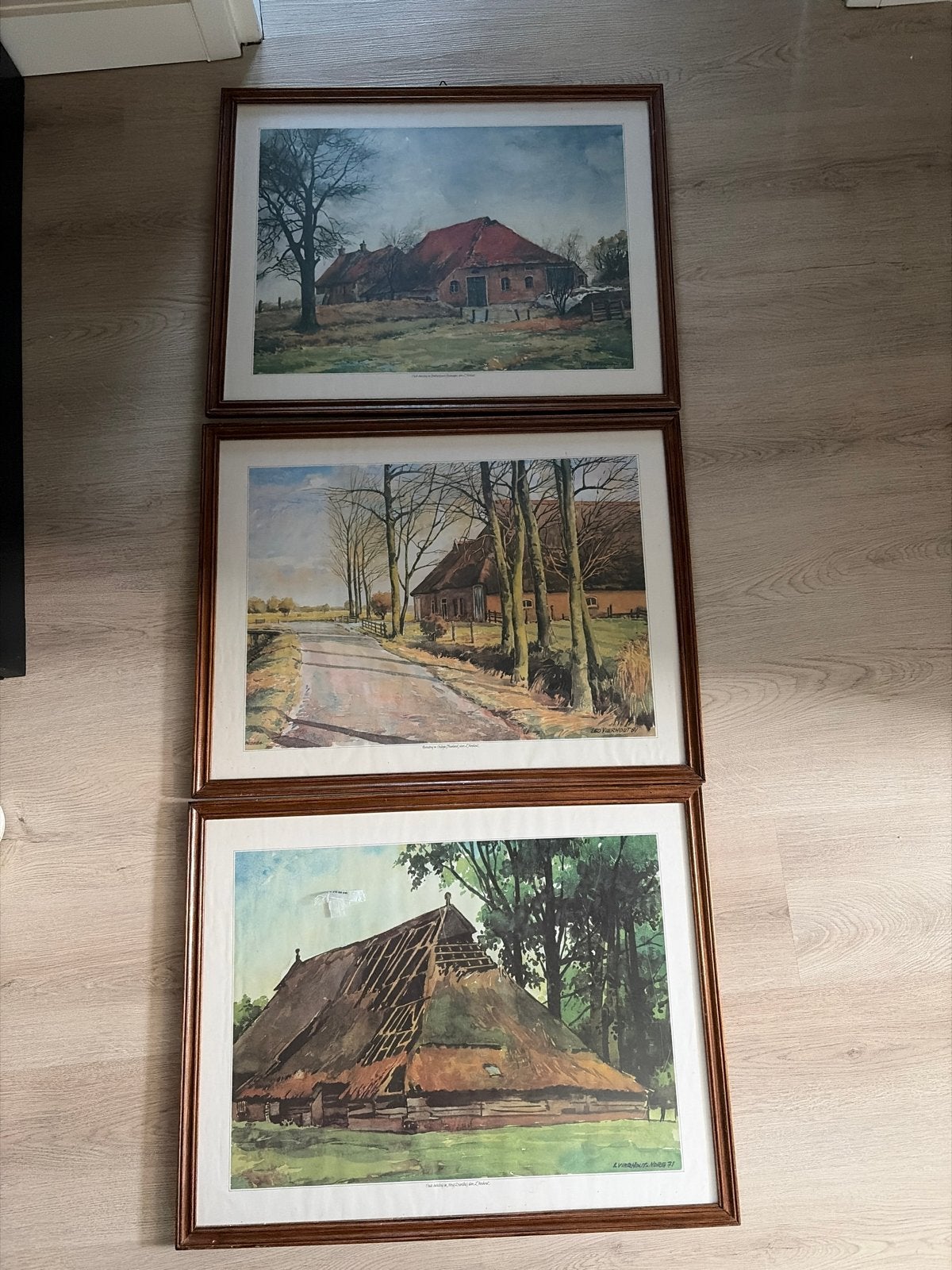 Set van 3 ingelijste landschapsschilderijen Leo vierhout, Realistisch, Ophalen of Verzenden, Landschap, Print