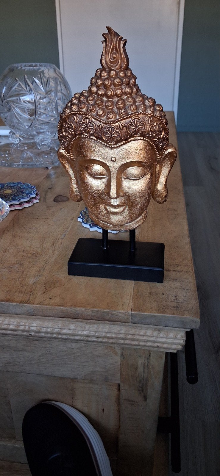 Gouden Boeddha Hoofd - 29 cm hoog, Ophalen, Met reliëf, 29 cm, Zo goed als nieuw