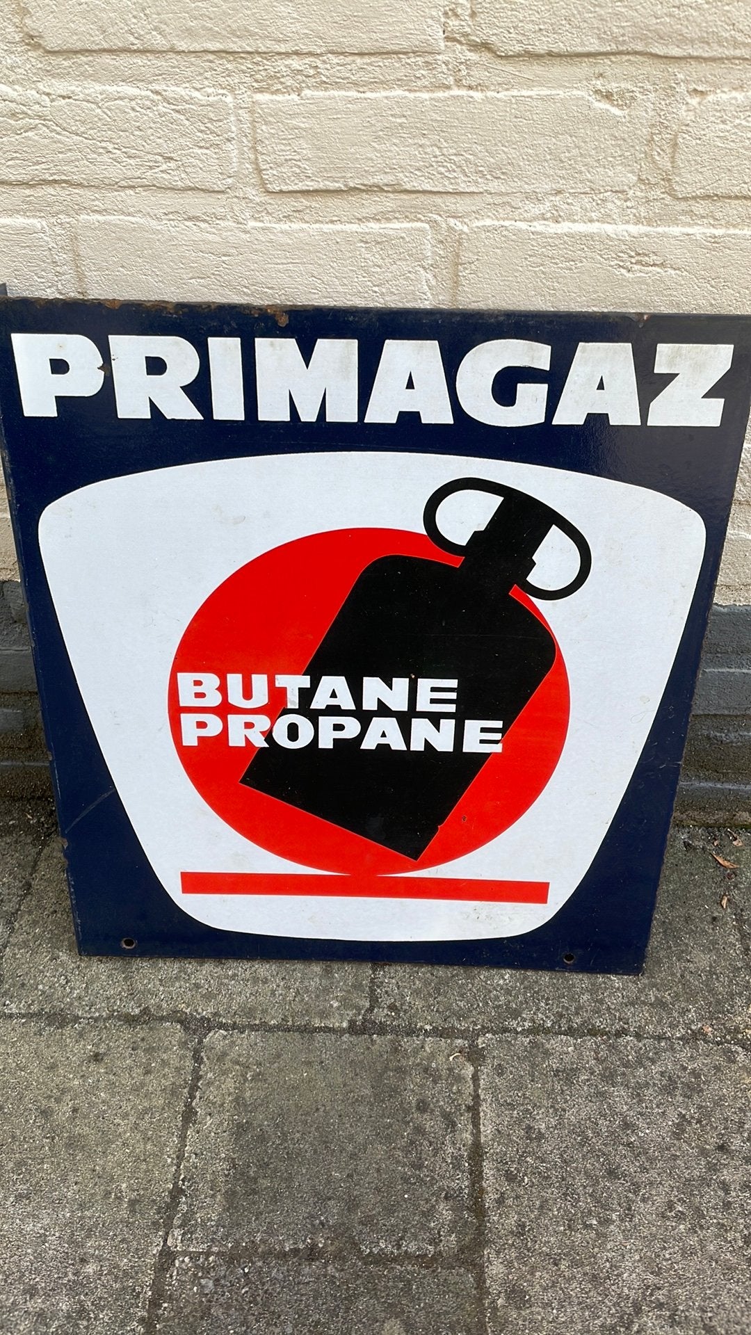 Antiek emaille uithangbord reclame Primagaz Butane Propane, Ophalen of Verzenden, Gebruikt, Reclamebord