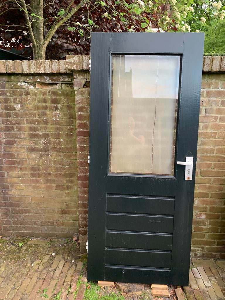 Buitendeur met glas, groen/wit, gebruikt, Ophalen, 80 tot 100 cm, 200 tot 215 cm, Hout