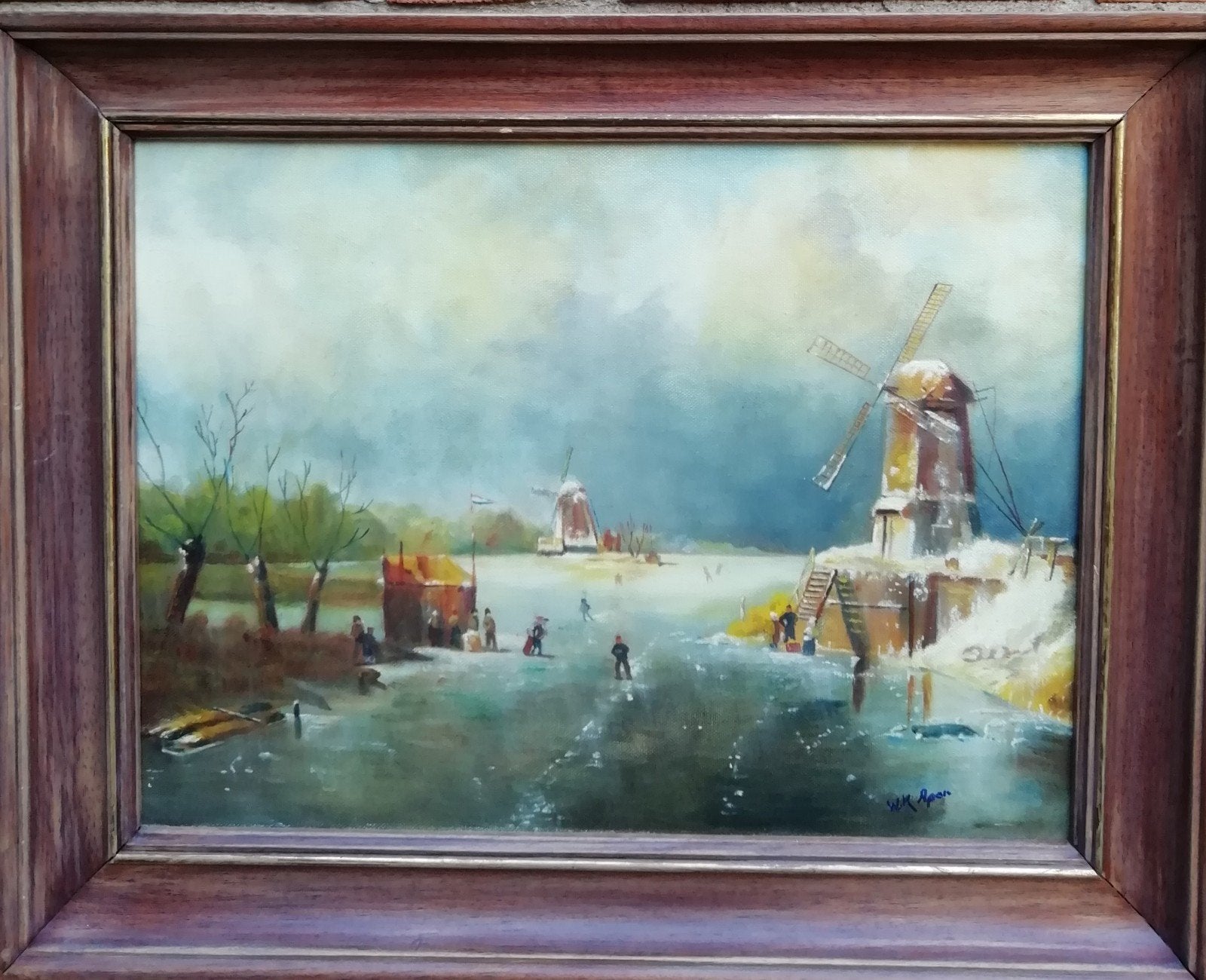Hollands winterlandschap met molens en schaatsers, Doek, Ophalen of Verzenden, Olieverf, Klassiek