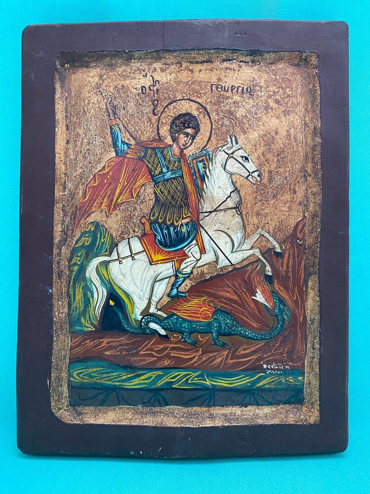 St Joris en de draak, handgeschilderd icoon, Antiek en Kunst, Ophalen