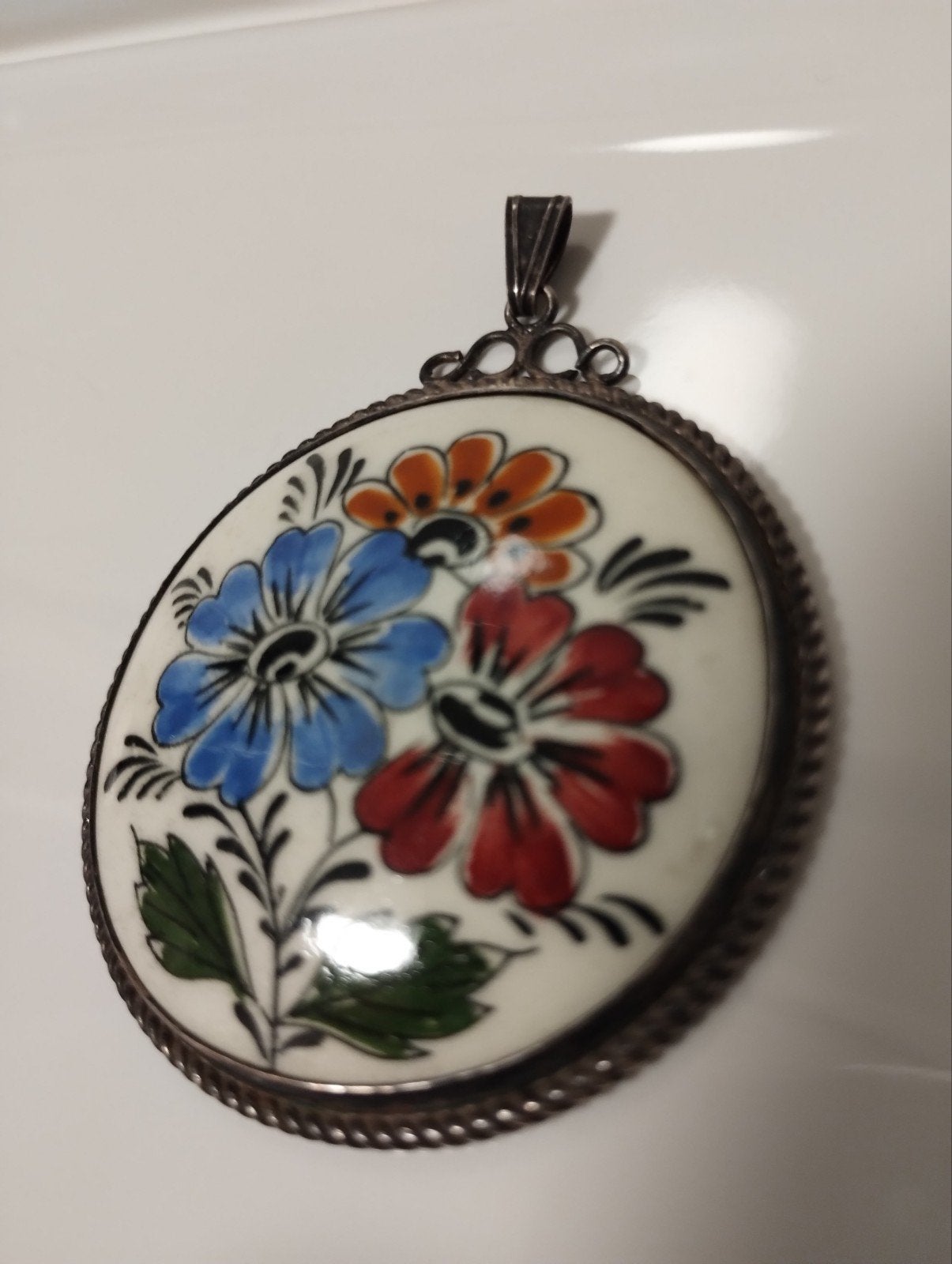 Antiek zilveren met porseleinen medaillon pendant, Ophalen of Verzenden, Zilver, Hanger