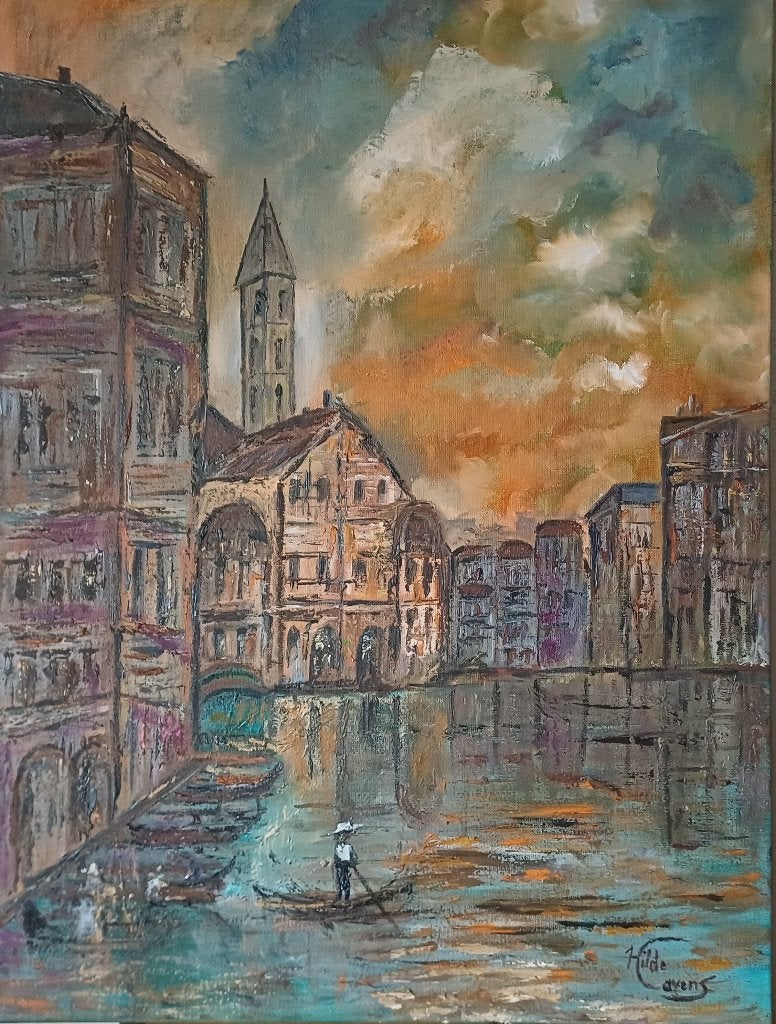 Schilderij Venetie, olieverf paletmes, nieuw., Antiek en Kunst, Ophalen, Gesigneerd