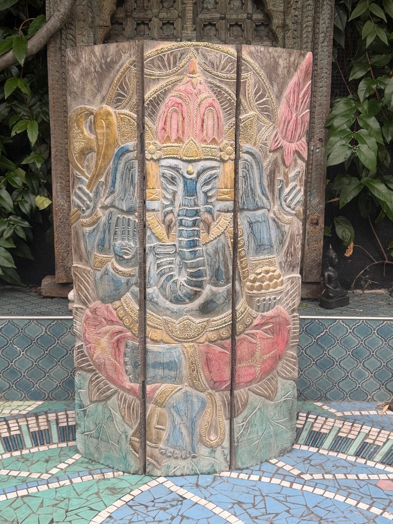Ganesha 3 luik wandpaneel houtsnijwerk Bali Indonesie, Verburgt Vintage, Boho, Hout, Meerkleurig