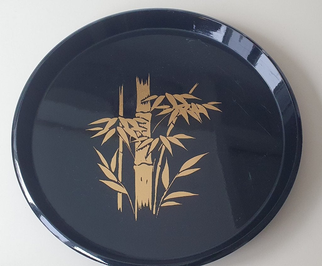 Japans zwart gelakt dienblad goudkleurig bamboe motief, Kunststof, Gebruikt, Rond, Ophalen of Verzenden