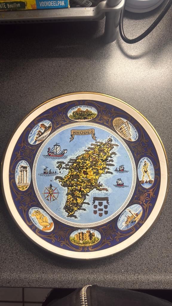 Rhodos souvenirbord – handgemaakt keramiek met 24K goud, Antiek en Kunst, Ophalen of Verzenden