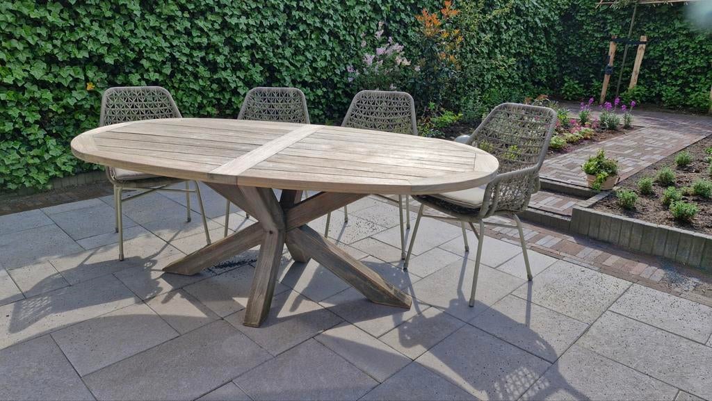 ROUGH-Y Teak Tuintafel 200cm + 4 Stoelen incl kussens | Set, Ophalen, Zo goed als nieuw, Teakhout, Tuinset