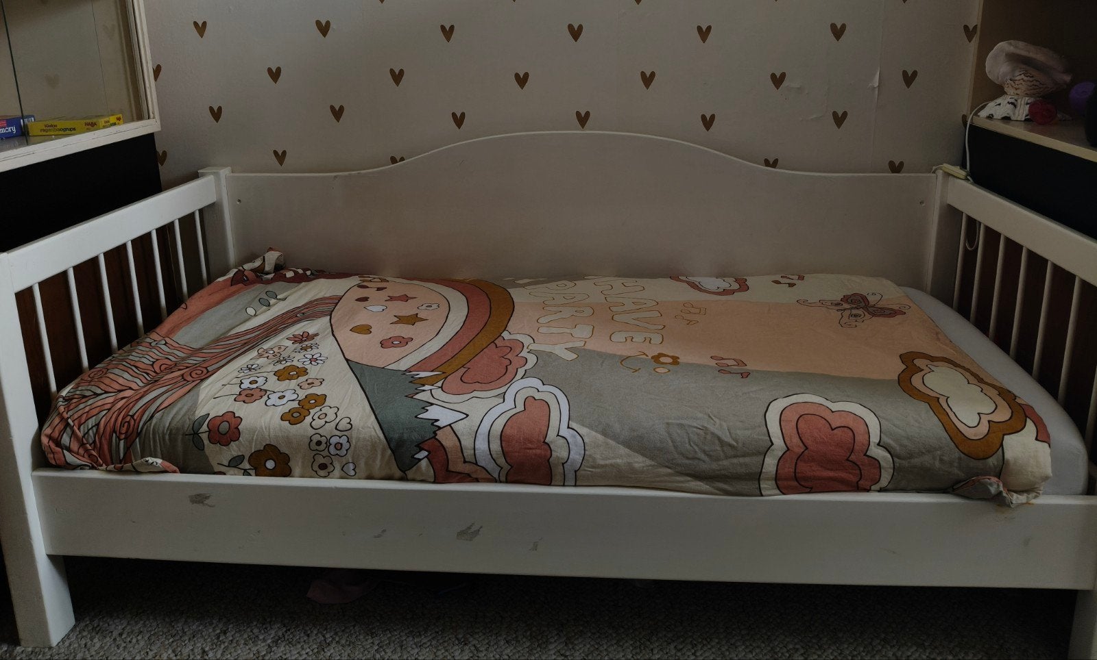 Wit kinderbed met spijlen en hoofdeinde, Lattenbodem, Gebruikt, 70 tot 85 cm, Ophalen of Verzenden