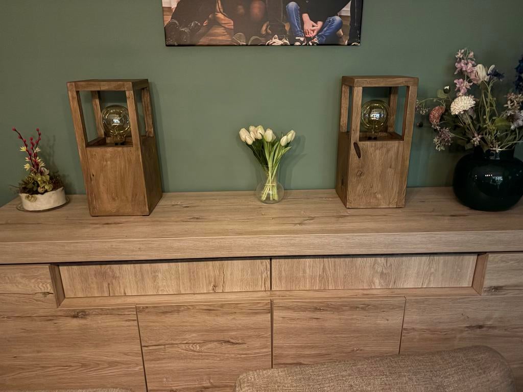 Handgemaakte eikenhouten pilaarlamp met afstandsbediening, Huis en Inrichting, Hout, Nieuw, Ophalen of Verzenden, Landelijk
