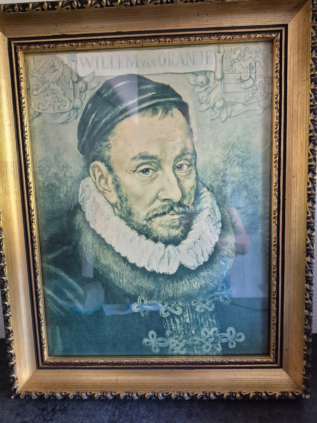 Prent Willem van Oranje in prachtige goudkleurige lijst, Portret of Personen, Ophalen of Verzenden, Klassiek, Papier
