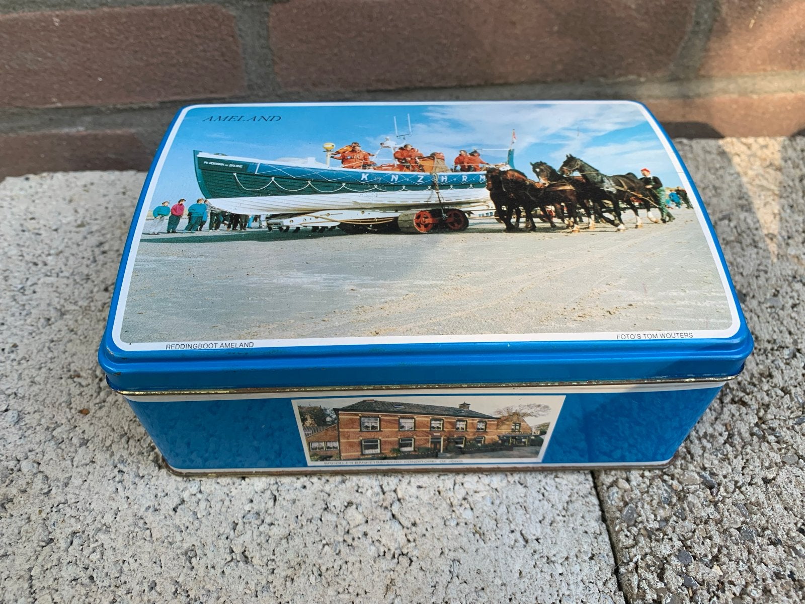 Vintage blikken doos Ameland reddingboot paarden, Ophalen of Verzenden, Gebruikt