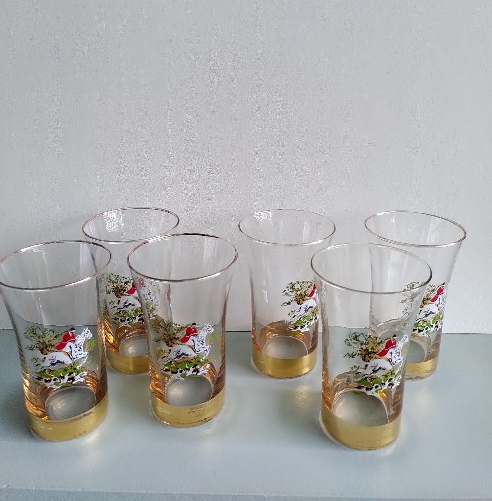 6 vintage glazen met Engels jachttafereel, Ophalen of Verzenden