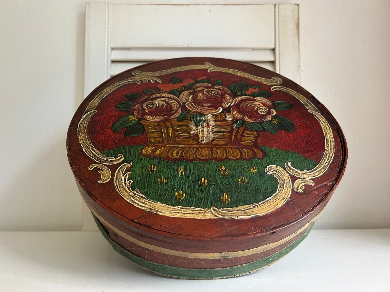 Antiek houten spanen doos met bloemen 32 cm, Antiek en Kunst, Ophalen