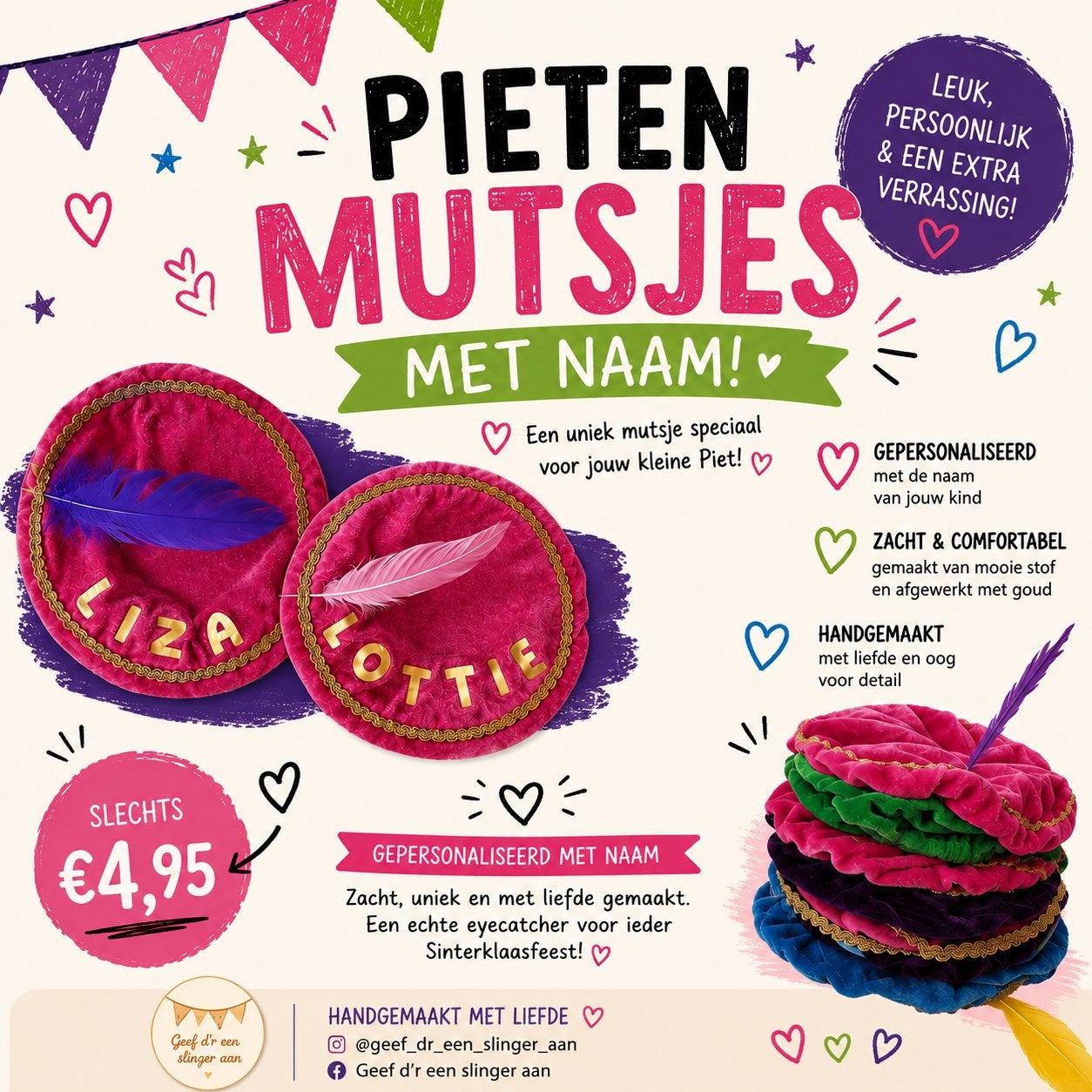 Gepersonaliseerde Pietenmutsjes met Naam - Sinterklaas, Textiel, Nieuw, Meerkleurig, Ophalen of Verzenden
