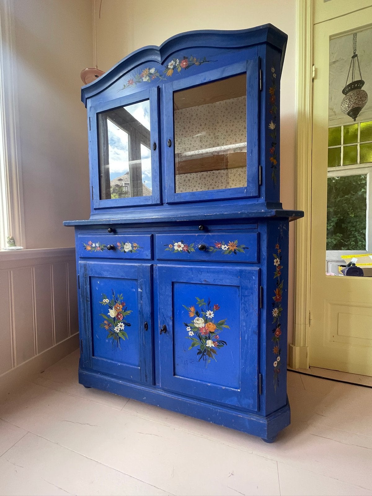 Brocante blauwe buffetkast, Ophalen, Zo goed als nieuw, 150 tot 200 cm, Brocante