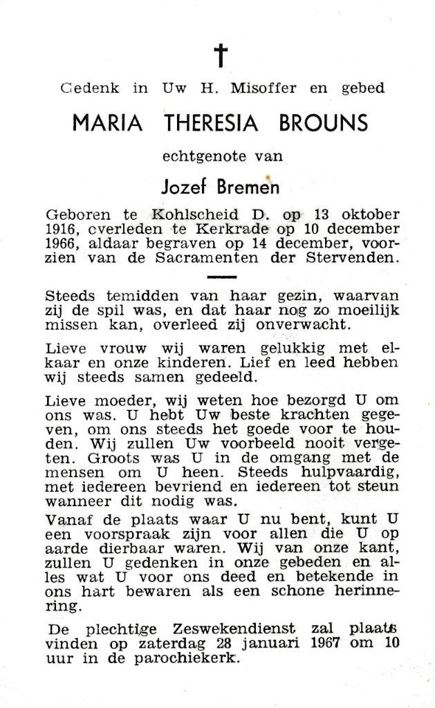Brouns Maria 1916 Kohlscheid 1966 Kerkrade, Verzamelen, Bidprentjes en Rouwkaarten, Ophalen, Bidprentje
