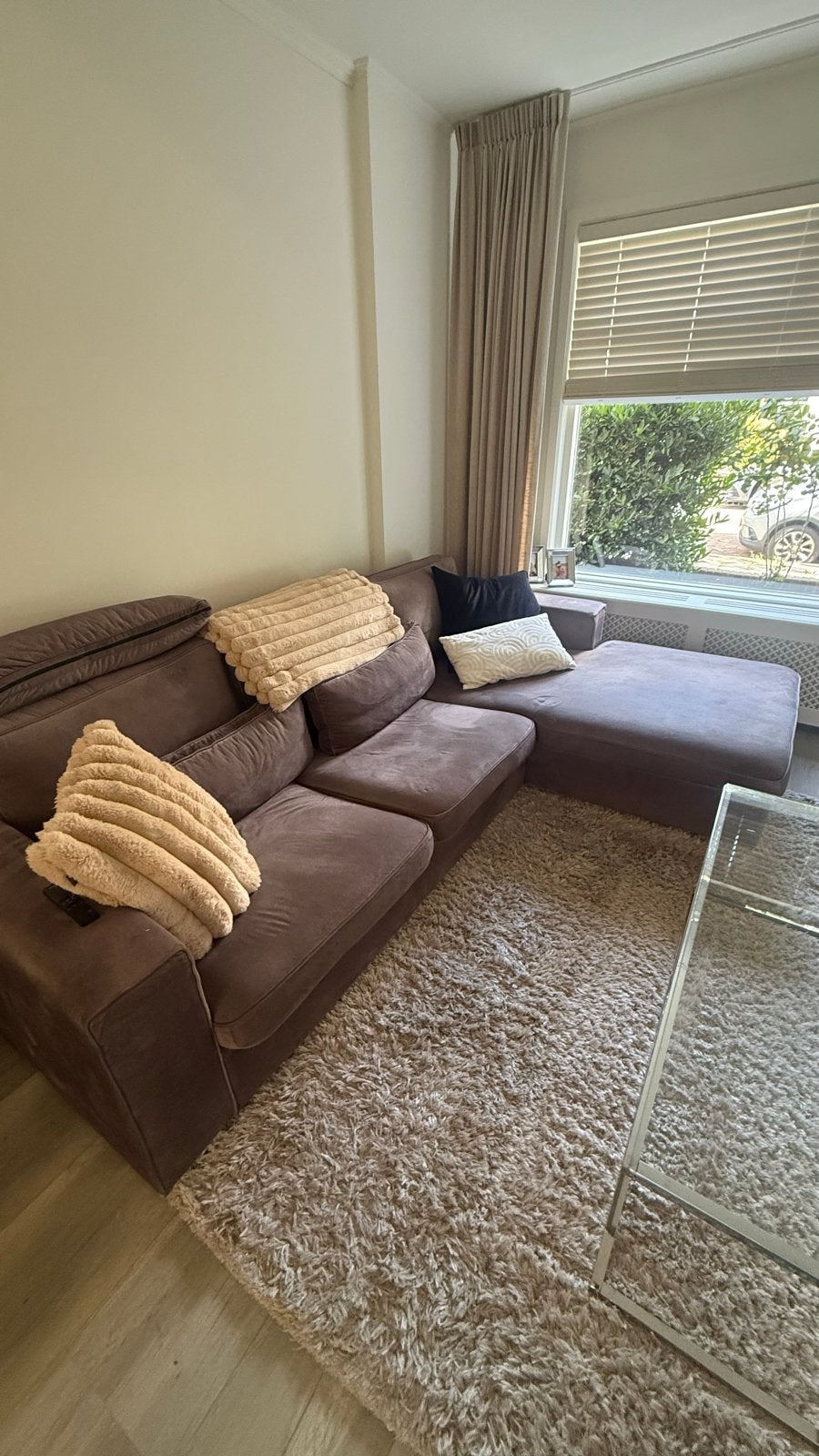 Comfortabele Hoekbank - Bruin Stof, Huis en Inrichting, Banken | Bankstellen, Ophalen, 250 tot 300 cm, Gebruikt, 125 tot 150 cm