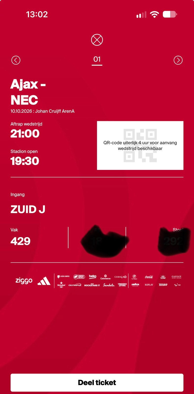 Ajax Nec ticket, Tickets en Kaartjes, Losse kaart, Eén persoon, Oktober