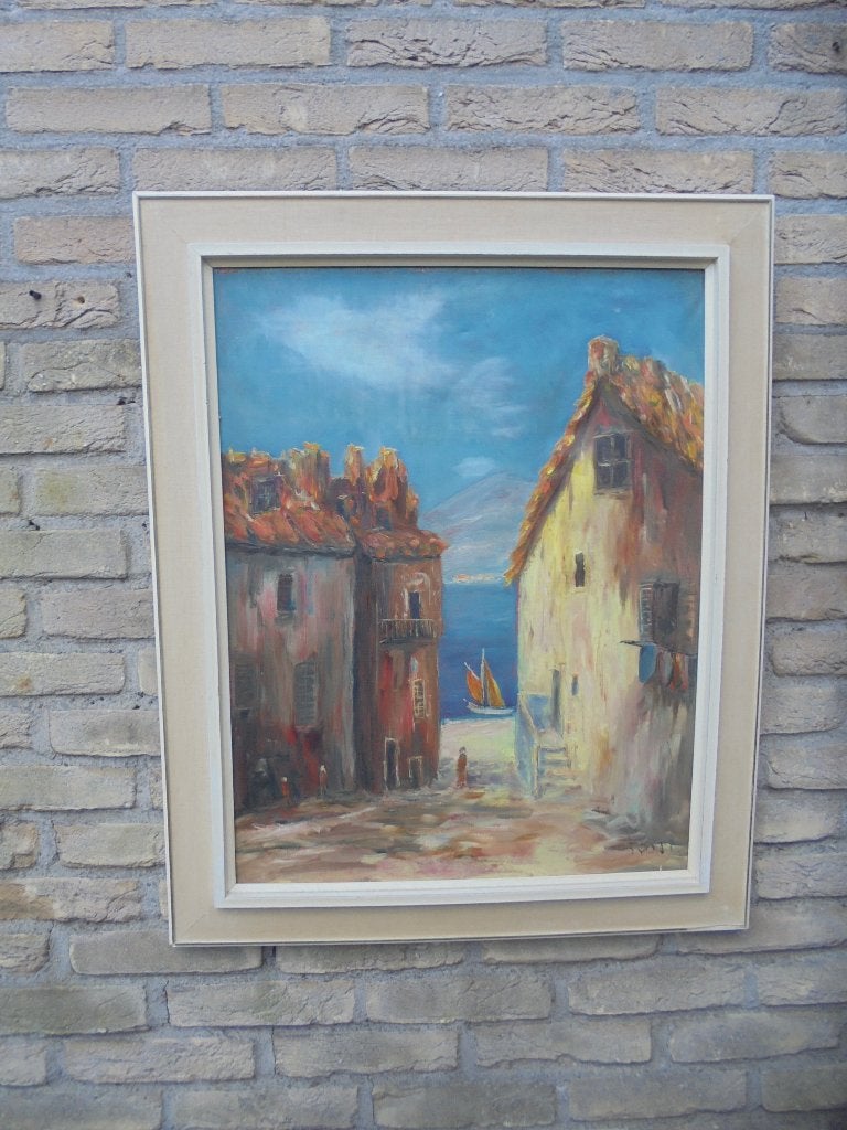 Antiek Schilderij Zuid Europees doorkijk naar Zee, Ophalen, Acrylverf, Doek, Impressionistisch